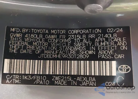 2024 Toyota Corolla Hybrid Le from USA, damaged, VIN JTDBDMHE9R3012809